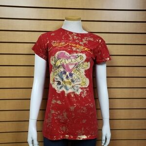 Ed Hardy Love Kills Slowly T‑Shirt Small Red Skull Heart Graphic Gold Foil